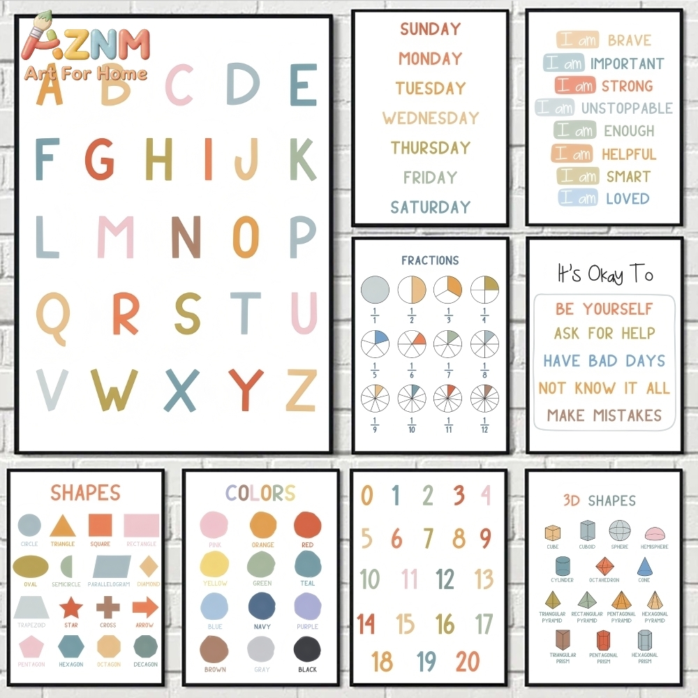 Kids Educational Posters - AZNM Seni Dinding Kanvas Tanpa Bingkai